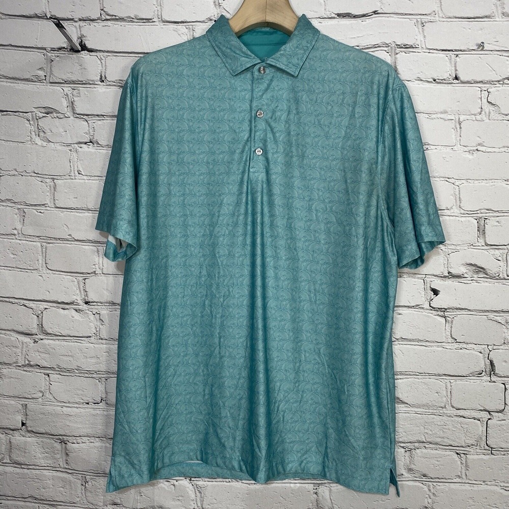 Hickey Freeman Golf Polo Shirt Mens Size L Short Sleeve Stretch Aqua Swirls AOP
